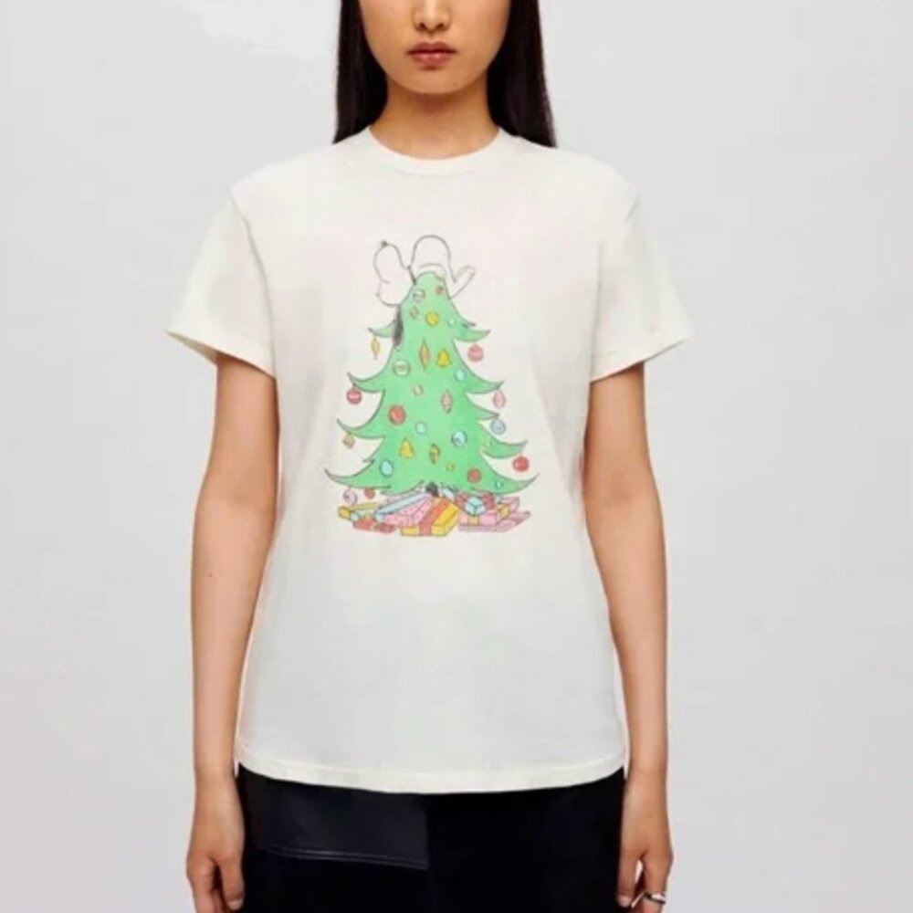 Re/Done White Tee with Green Christmas Tree Design
